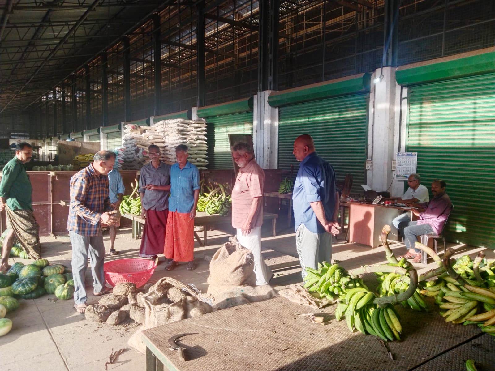 Traders and farmers at the auction hall, weighing bananas and produce at AUWM Vengeri